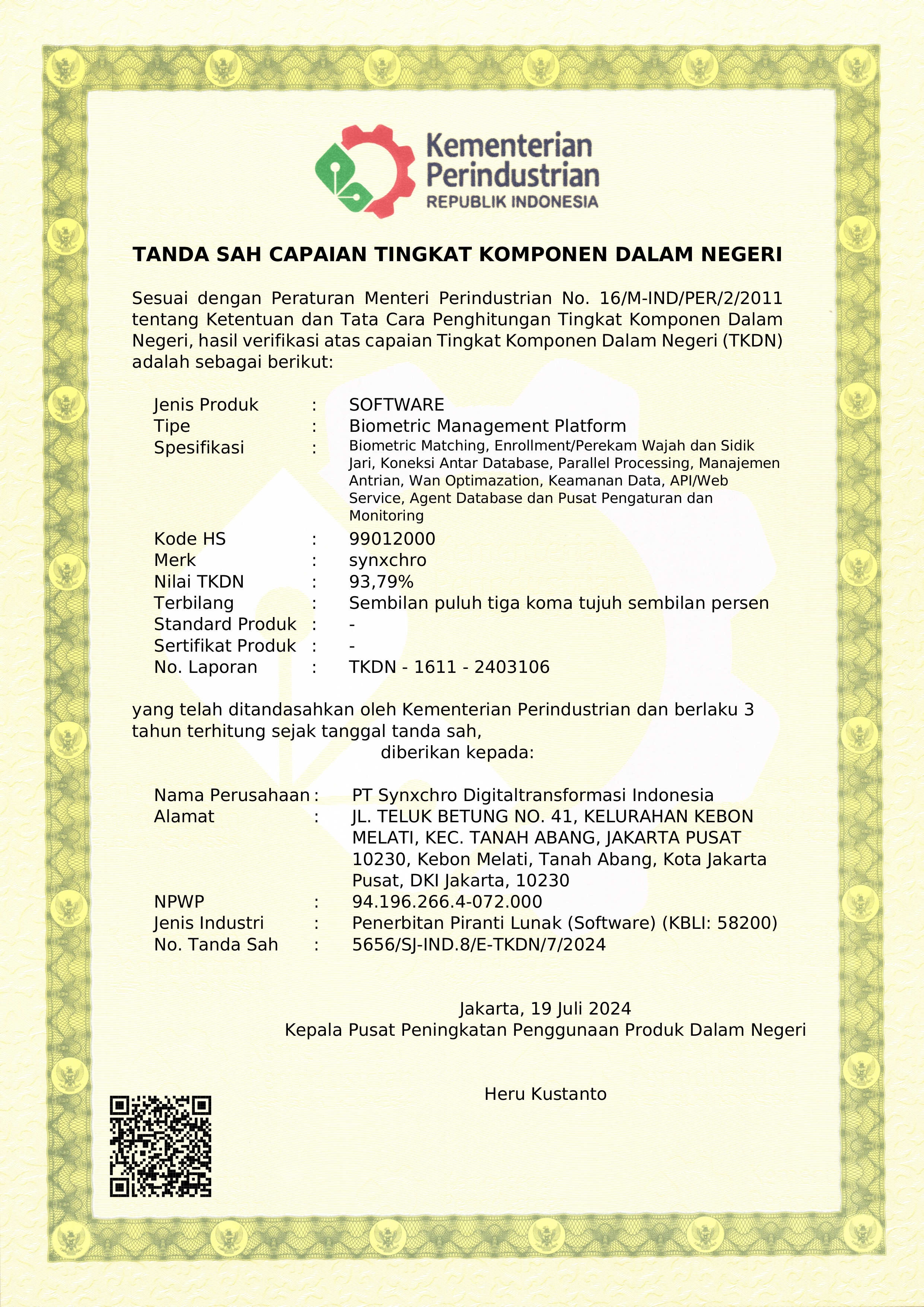 TKDN Certificate — Biometric Management Platform